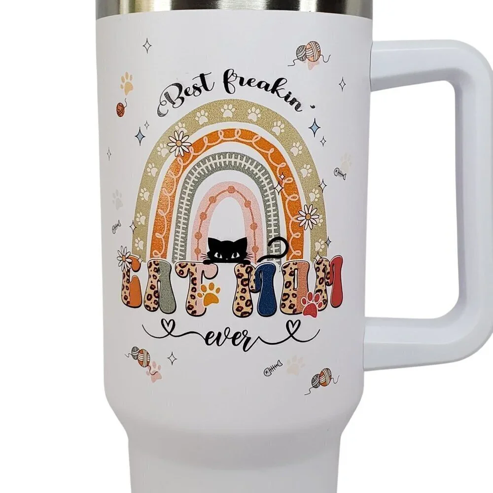 Cat Mom Gift 40 Oz Travel Tumbler Lid & Handle -Best Freakin Cat Mom Ever Design